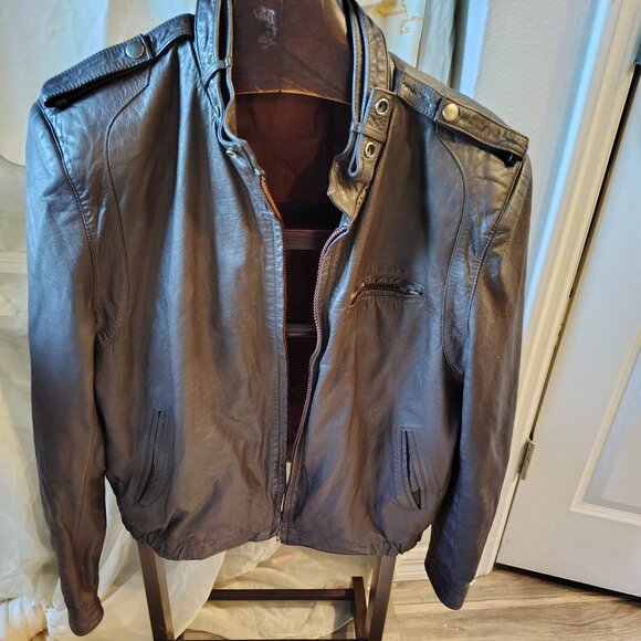 Vintage 1980’s Bomber Collarless Brown Leather Jacket - Picture 4 of 9